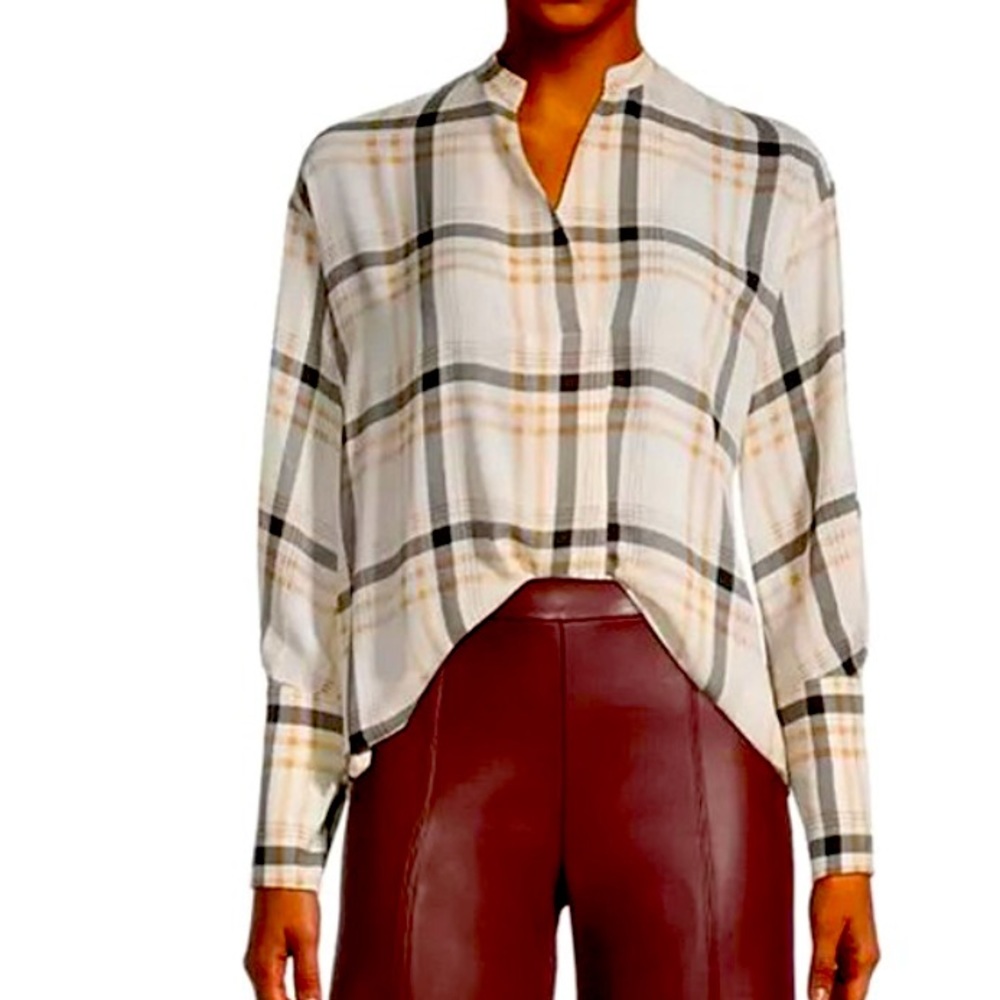 Whitecap Plaid Button-Cuff V-Neck Top - Petite NWOT